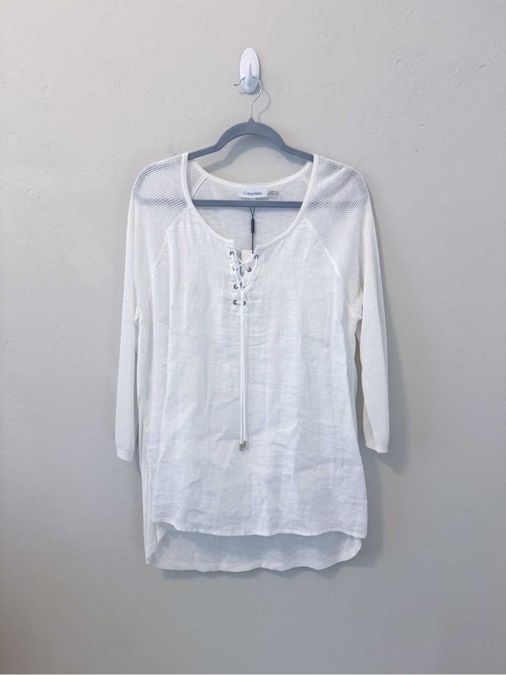 Calvin Klein White Lace-Up Knit Sleeve Tunic Top, 3/4 Sleeves